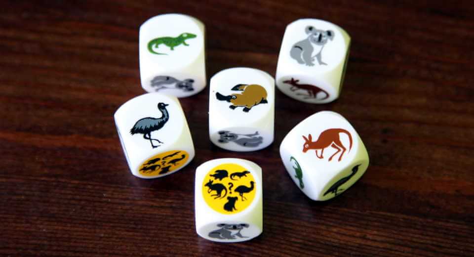 6 Tierwürfel beim Brettspiel Outback