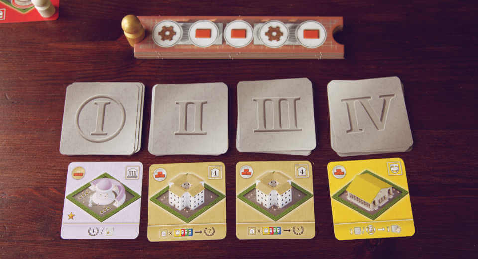 Brettspiel City Of Rome Stadtplanung In Der Antike Rezension Brettspiel City of Rome - Aktiosnstreifen und Gebäude-Angebot