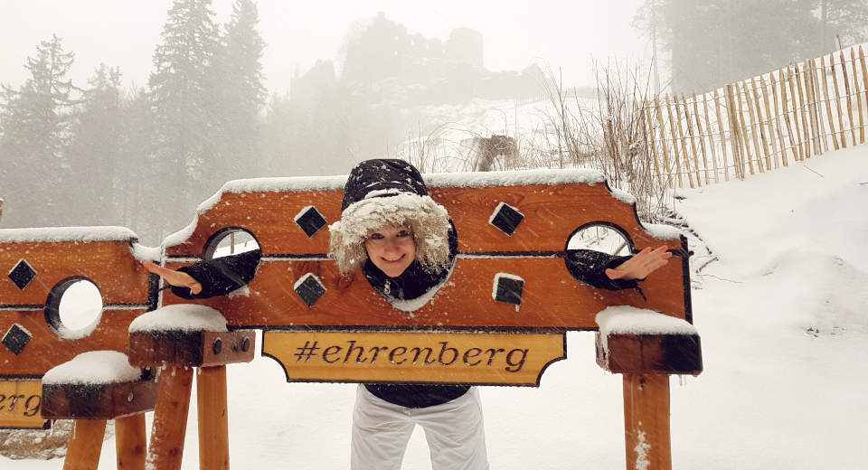 Ehrenberg Castle Ensemble In Tyrol A Fairytale Winter Hike Into The Middle Ages Pillory as a photo motif with the backdrop of Ehrenberg Castle, a part of the Ehrenberg castle ensemble