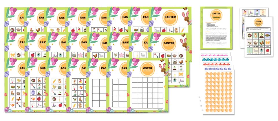 Easter Bingo printable with 20 bingo cards and calling cards