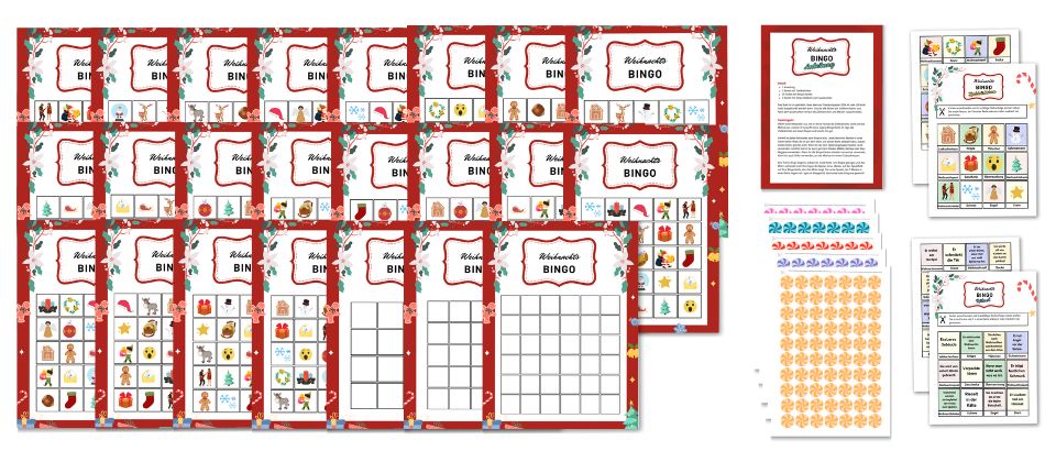 Weihnachtsbingo Weihnachtsbingo zum ausdrucken mit 20 Bingokarten, Ziehkärtchen und Rätsel-Ziehkärtchen