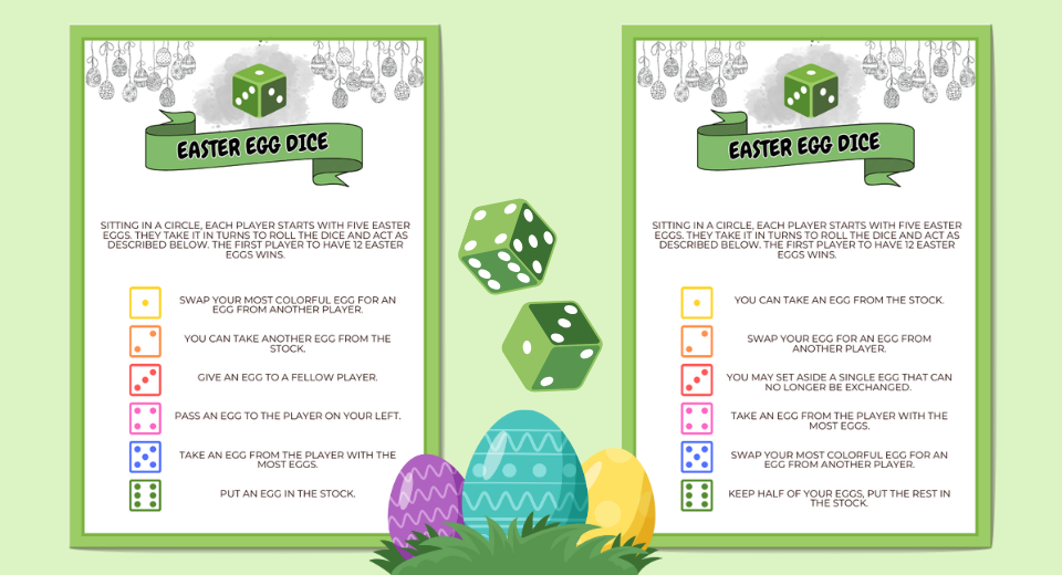 "Dice Easter eggs is a nice dice game for ages 3 and up"