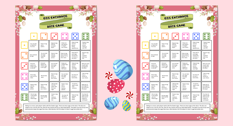 "In the egg swap dice game, each combination of numbers rolled triggers an action"