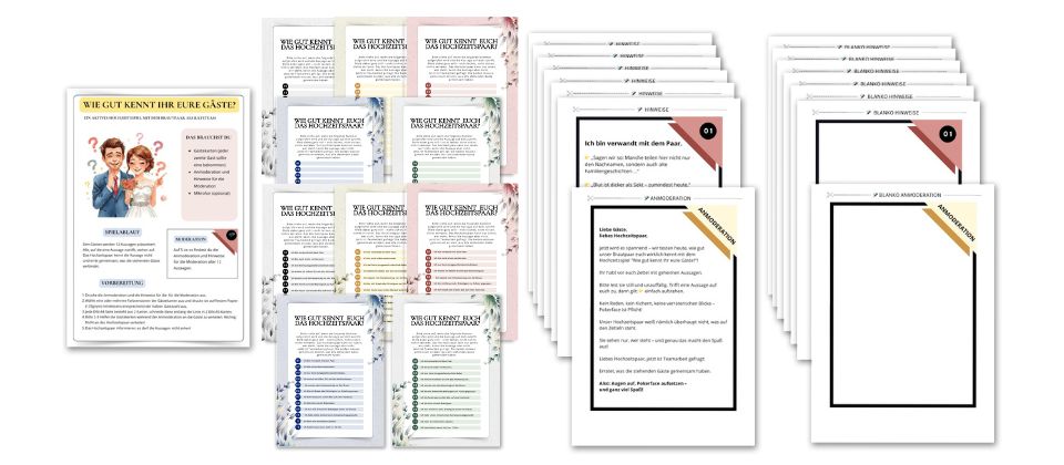 Produkt-Vorschau auf das Hochzeits-Ratespiel "Wie Gut Kennt Ihr Eure Gäste?"
