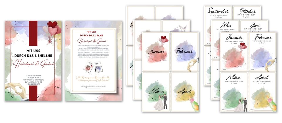 Produktvorschau "Mit uns durch das 1. Ehejahr" 12 Gutscheine Hochzeit Produkt-Vorschau auf das Hochzeitsspiel und -geschenk "Mit uns durch das 1. Ehejahr"